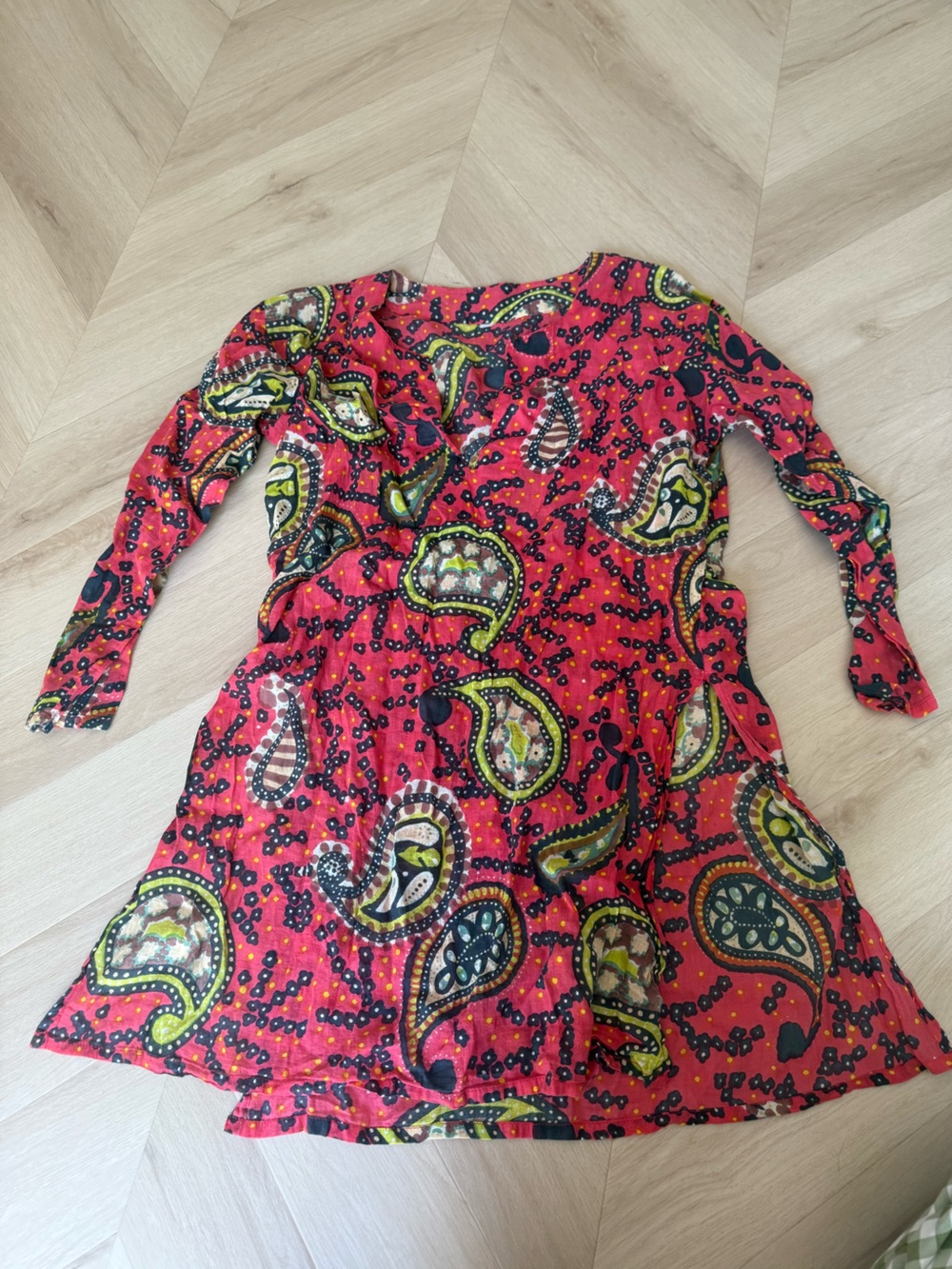 Vintage Red Paisley Mini Dress with Green and Black Accents